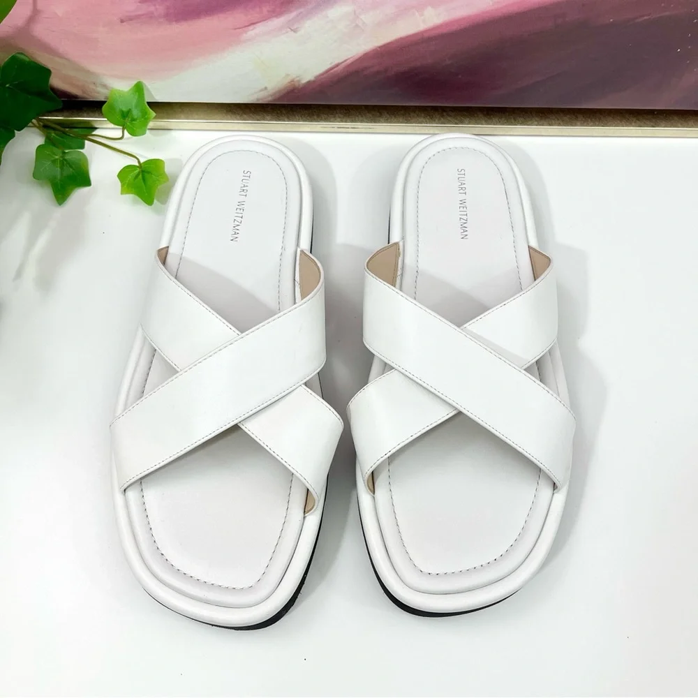 Stuart Weitzman Elodie Leather Slide Sandal in White‎ Size 10 B